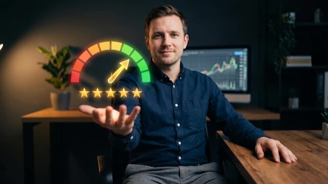 Customer satisfaction rating dashboard above smartphone, five star feedback, service quality, online reviews, user experience, digital survey, performance score