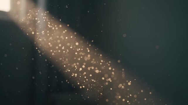 Dust particle light beam floating in dark background illuminated by sunlight microscopic particles air rays glowing atmospheric dust for virus prevention and health awareness indoor environment