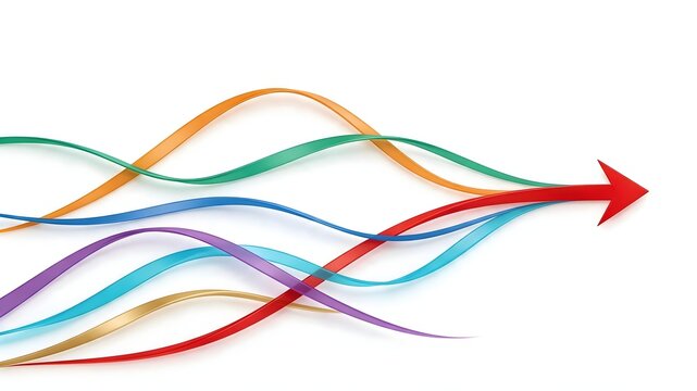 Colorful wavy lines converging into a single red arrow on a white background, representing unity, strategic process, and alignment of multiple diverse paths toward one goal.