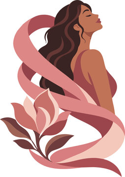 Mulher envolvida por la&ccedil;o rosa e flor em composi&ccedil;&atilde;o de conscientiza&ccedil;&atilde;o