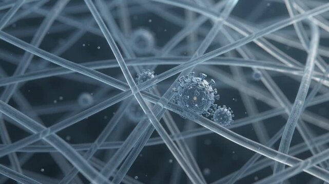 Virus prevention concept featuring microscopic virus particle entangled in protective fiber network showing infection barrier and health protection in detailed 3D render for safety control