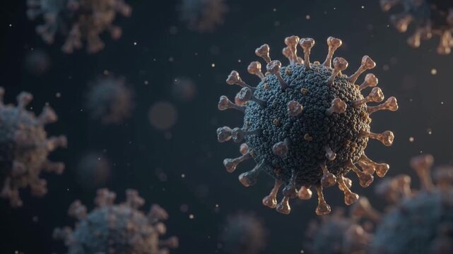 Virus prevention concept showing detailed microscopic virus particle close up with spike proteins dark background medical health infection disease biology 3d illustration