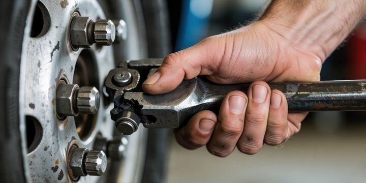 Close up of mechanic male hands tightening lug nuts on a car tire wheel using a ratchet wrench in an auto repair shop