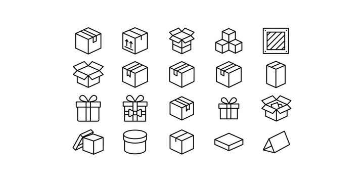 Line art box and gift packaging icons for shipping logistics