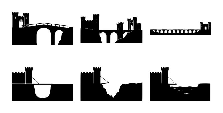 Castle silhouettes set with bridges over moats and chasms for fantasy or history themes