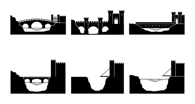 Castle and bridge silhouettes set with medieval fortresses and various crossing designs for logo, signage, print