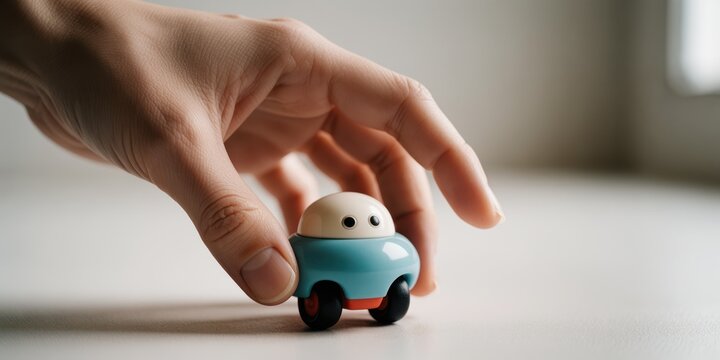 Child hand playing with cute small blue toy car on white background representing childhood