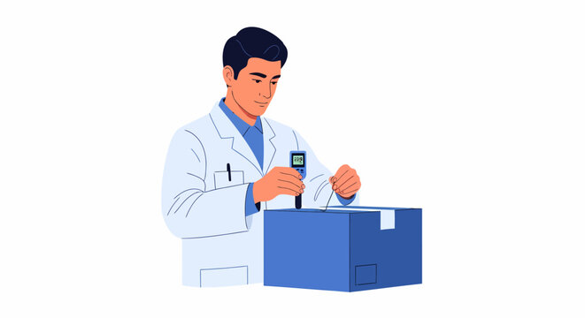 Hispanic Male Perishable Goods Coordinator Attaching Data Logger