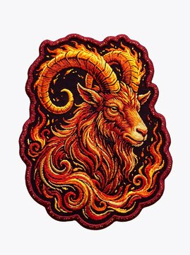Embroidered patch featuring a fierce Fire Goat head engulfed in stylized flames isolated on a white background.