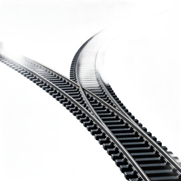 Metallic train track switching model diverging abruptly, with one path facing a glaring headlight and the other fading into a transparent background