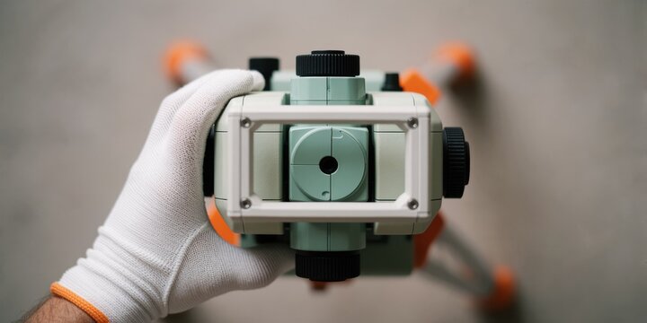 A gloved hand adjusting a precision surveying instrument on a tripod, representing modern engineering and precise measurement