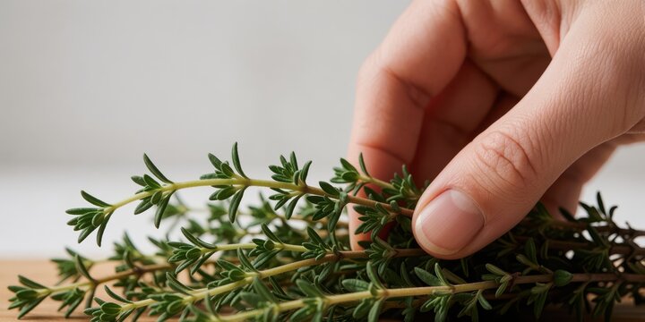 Fresh thyme herb sprigs bunch held by human hand close up view, culinary seasoning ingredient for cooking recipes and healthy food preparation