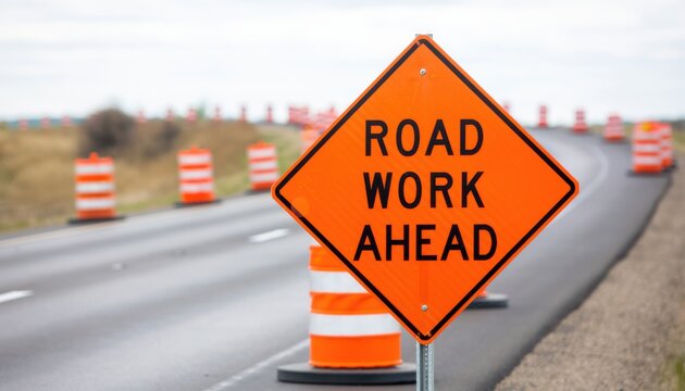 Orange diamond "ROAD WORK AHEAD" sign with traffic barrels lining a highway, indicating construction, lane closure, and maintenance.