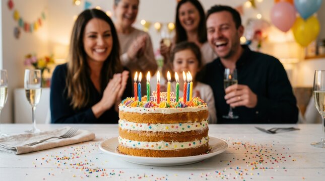 Smiling family gathered around a layered birthday cake with lit candles and sprinkles, celebrating at a decorated table with balloons and drinks.