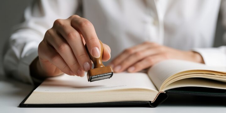 Woman stamping a document in a book with a wooden stamp representing approval and official certification in an office setting