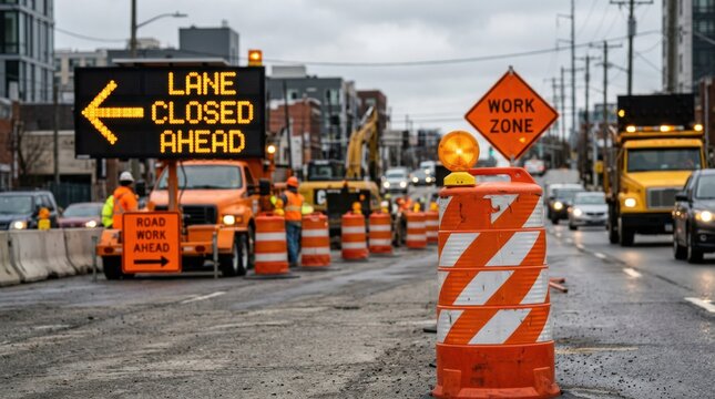 Urban street roadwork with orange barrels, "Lane Closed" signs, workers and trucks directing traffic during pavement maintenance.