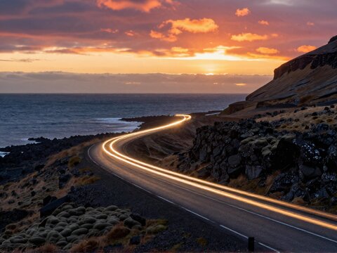 Coastal Road Light Trails Sunset Snaefellsnes