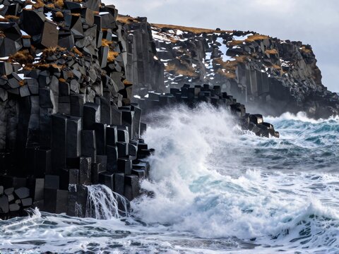 Crashing Waves Basalt Cliffs Snaefellsnes