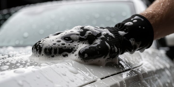 Washing white car with soapy microfiber glove, detailing vehicle wash and automotive maintenance concept