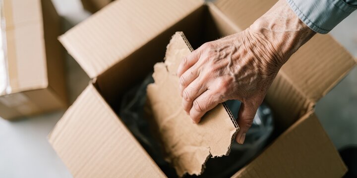 Senior man packing cardboard box with torn corrugated paper waste for recycling at home