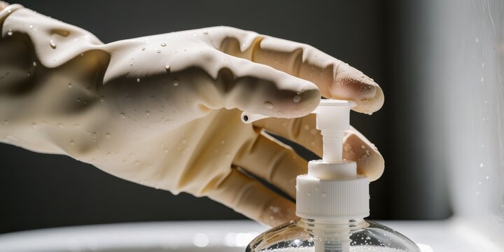 Gloved hand pressing soap dispenser pump for hygiene and sanitization in a clean environment