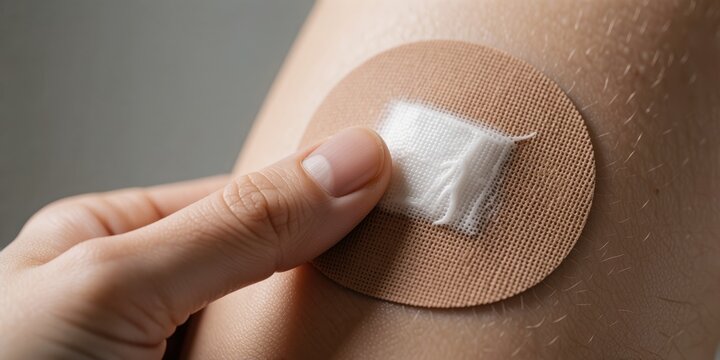 Applying round adhesive bandage on skin close up, medical first aid plaster concept