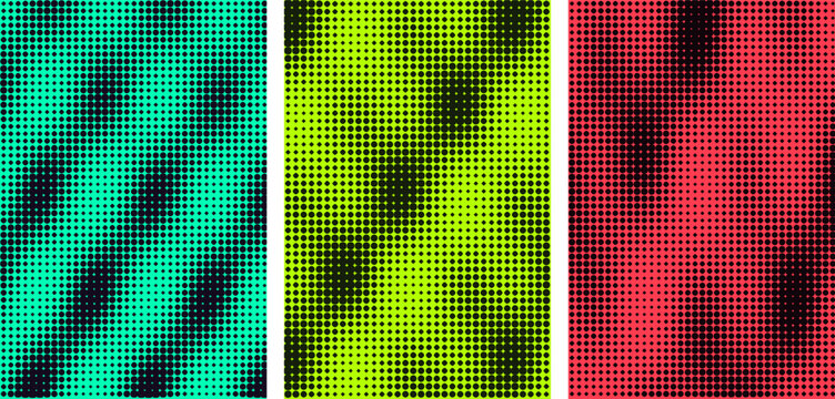 Vibrant halftone circular pattern set with turquoise lime and red gradients for graphic resource