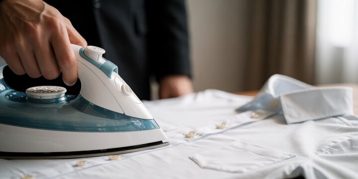 Man ironing white shirt close up, portrait of adult male pressing clothes with electric iron for business dress code preparation and laundry care routine