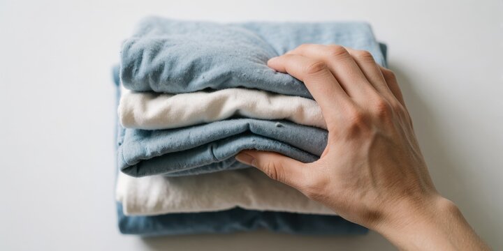 Woman folding clean stack of freshly washed blue and white clothes on a white table for household chores and laundry concept