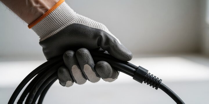 A person wearing protective work gloves holding a coiled black electrical cable representing maintenance, safety, and manual labor in construction