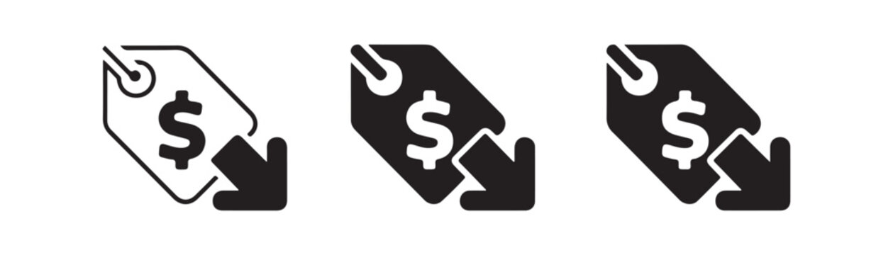 Price tag with dollar symbol and down arrow indicates price reduction for sales and shopping.