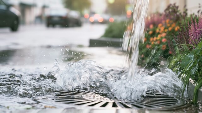 City street drain collecting fast flowing stormwater, creating splashes during a downpour, with colorful plants in the background