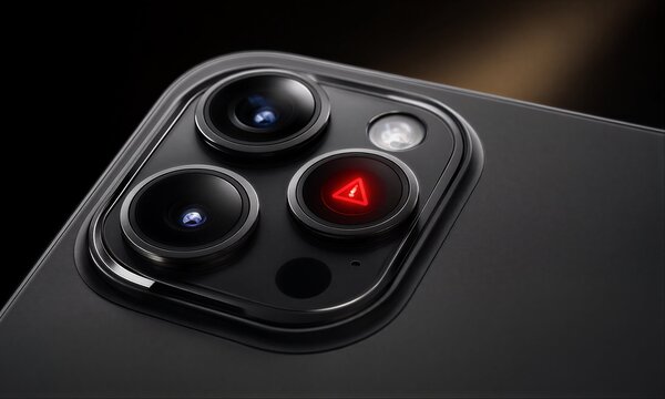 Close-up of smartphone camera module with glowing red triangle logo.