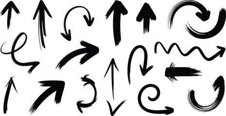 Fototapeta premium Assortment of hand-drawn black ink arrows featuring diverse shapes, curves, and directions isolated on a white background, for and annotation