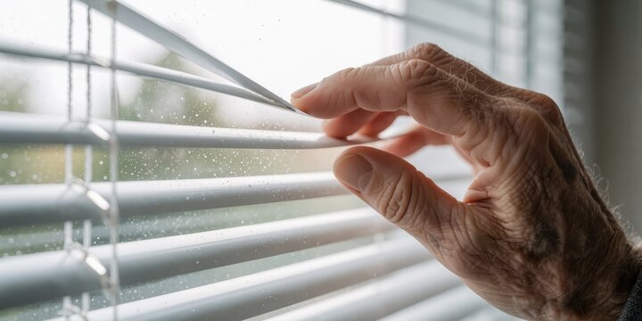 Elderly senior person looking through window blinds to spy or check weather outside
