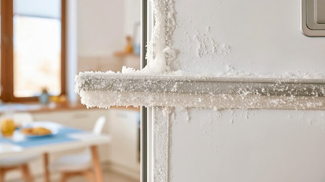 Heavy frost buildup on a refrigerator door seal gasket in a home kitchen, indicating appliance malfunction and inefficiency