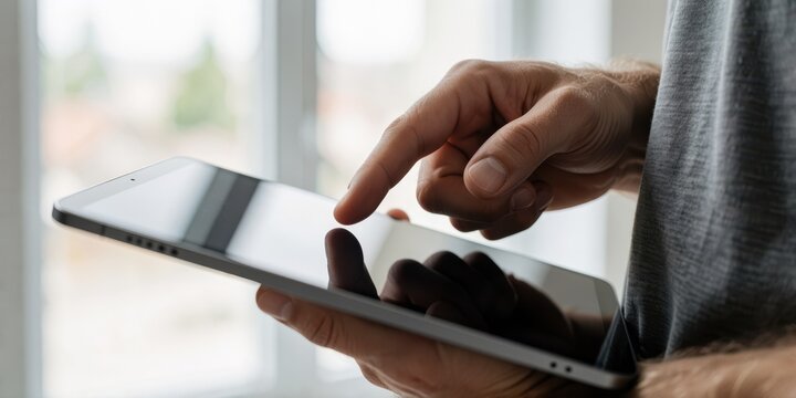 Adult man using digital tablet device with touch screen for browsing internet and apps indoors