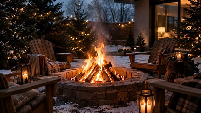 A cozy outdoor fire pit surrounded by wooden chairs and festive string lights on snow-covered ground during a winter evening.