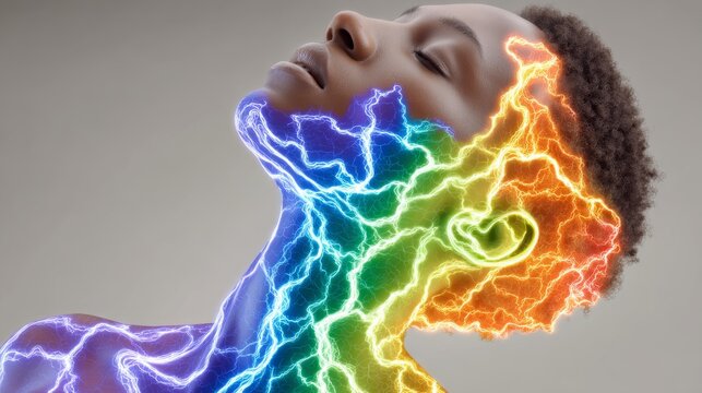 A profile view of a person with glowing, rainbow-colored electrical energy or pathways pulsing across their neck, head, and shoulders.   