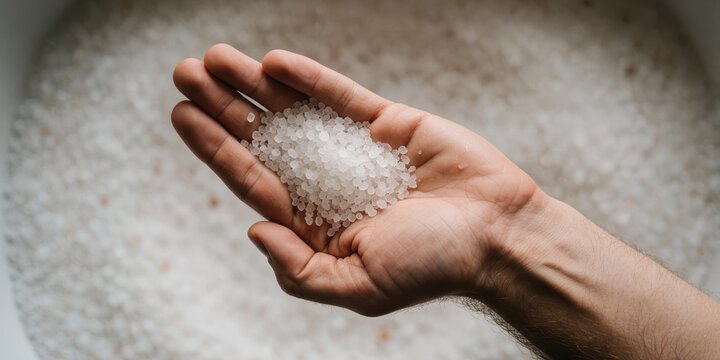Close up of a young man holding handful of white plastic polymer pellets resin granules in manufacturing factory industry