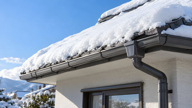 青空の下で雪が積もった住宅の瓦屋根と雨どい