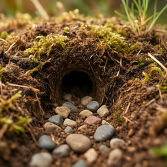 Fototapeta premium Wildlife habitat and nature conservation, small animal burrow entrance in forest soil with moss and pebbles for environmental biology and ecology