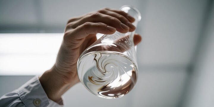 Close up of a scientist holding an Erlenmeyer flask with swirling liquid in a chemistry laboratory for research