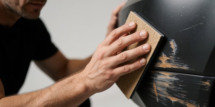 Middle-aged caucasian man sanding scratched black car bumper with abrasive sponge for bodywork repair and paint preparation in workshop