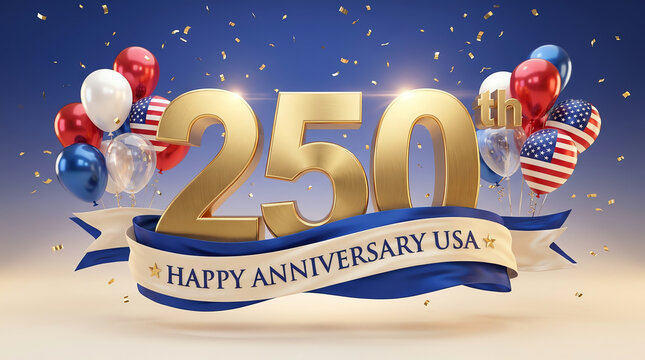 Golden 250 number sign for happy anniversary usa celebration with balloons