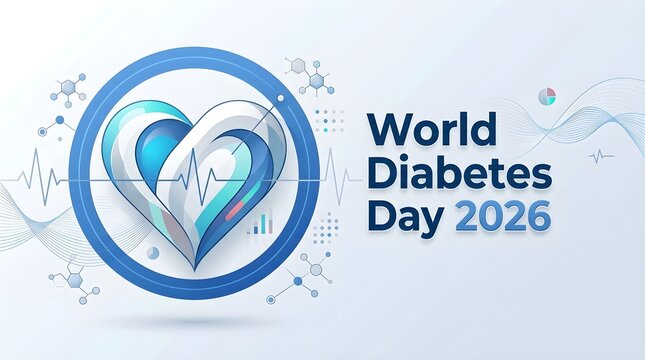 World Diabetes Day 2026 poster design with heart inside blue ribbon