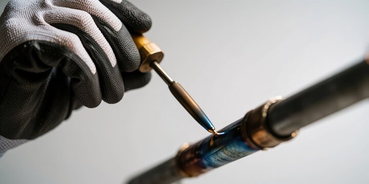 Plumber brazing copper pipes with a micro torch, wearing protective gloves for plumbing repair and pipe installation work in residential renovation