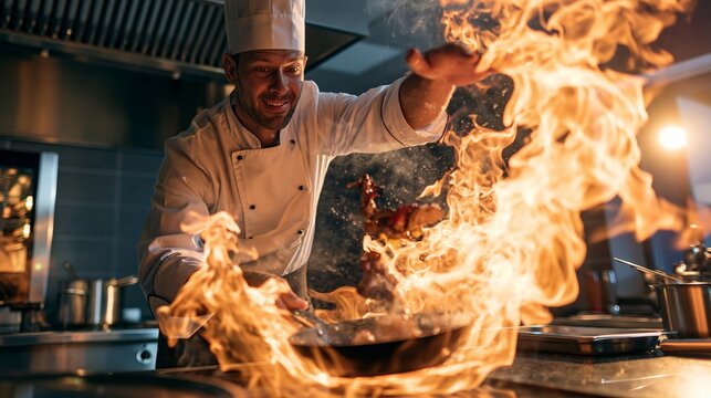 Professional chef flambeing food with fire in a pan, smiling while preparing a dish in a modern kitchen