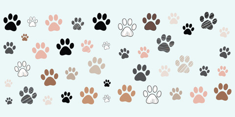 Obraz premium Seamless pattern of various animal paw prints in different sizes and colors including black, brown, and pink isolated on a light blue background, for pet themes