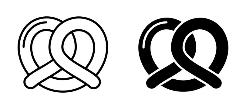 Pretzel icons in line art and solid black silhouette styles with snack food bakery icon pretzel shape snack vector bread illustration